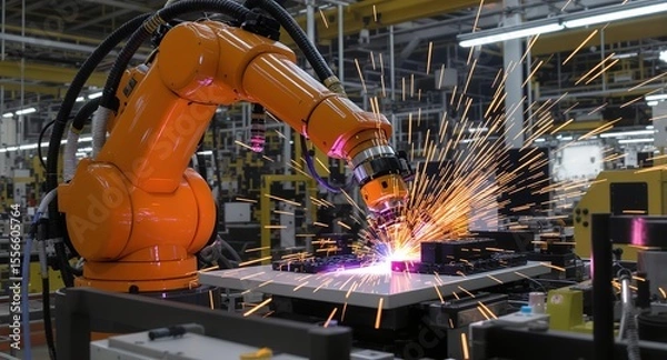 Obraz Industrial Robot Arm Welding with Sparks