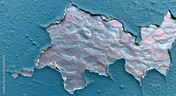Obraz Weathered blue paint peels to reveal textured pink underlayer, creating an abstract and artistic surface.