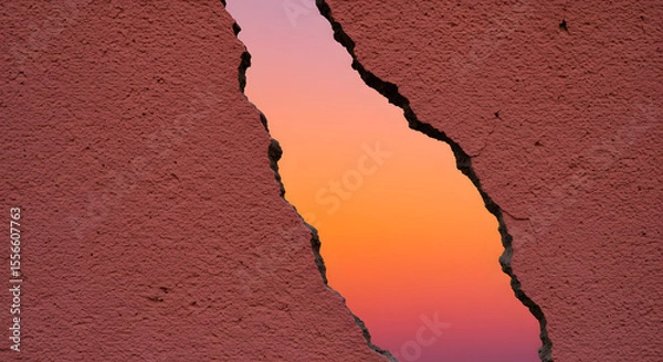 Obraz Captivating view of sunset through a weathered wall, bringing a touch of urban landscape against colorful skies.