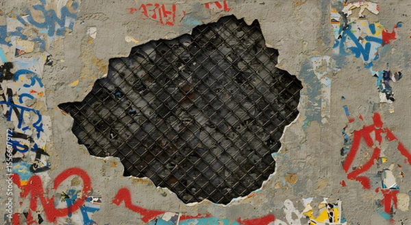 Obraz Distressed concrete wall reveals a wire mesh interior, painted with colorful street art and aged texture.