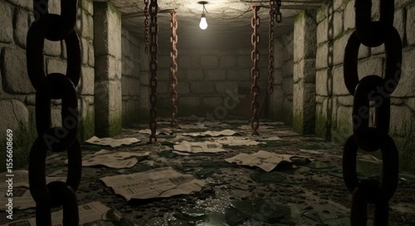 Fototapeta Abandoned Cell with Chains and Scattered Debris