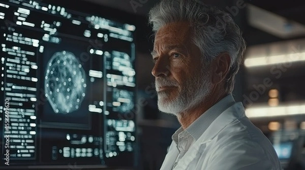 Fototapeta Focused senior scientist observing brain scan data