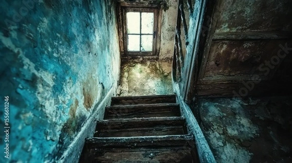 Fototapeta Decaying wooden staircase in a dilapidated building