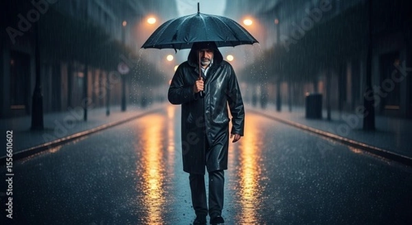Fototapeta Man walking in the rain with an umbrella at night
