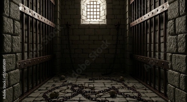 Fototapeta Medieval dungeon cell with rusty chains and skulls