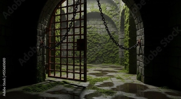 Fototapeta Medieval Dungeon Entrance with Mossy Stone Walls and Open Gate