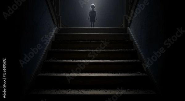 Fototapeta Mysterious Child Figure Standing on Creaky Old Wooden Stairs in a Dark House