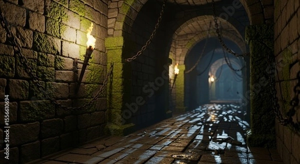 Fototapeta Medieval Stone Corridor with Chains and Torches