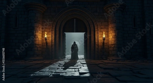 Fototapeta Mysterious Figure at an Ancient Gateway at Night