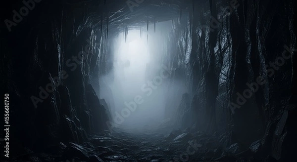 Fototapeta Mysterious Dark Cave Passage with Light at the End
