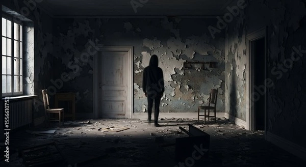 Fototapeta Mysterious Figure in a Derelict Room