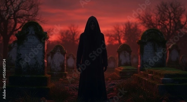 Fototapeta Mysterious Figure in a Cemetery at Dusk