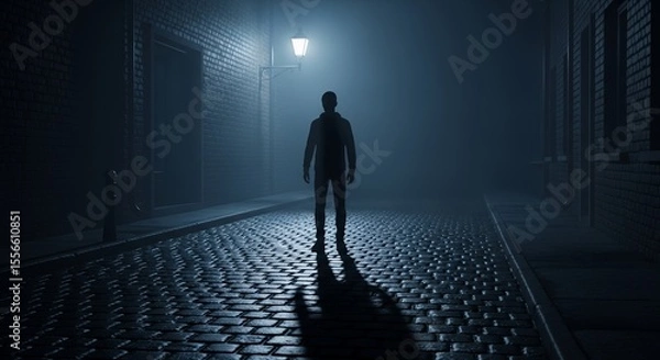 Fototapeta Mysterious Figure in a Foggy Alleyway at Night