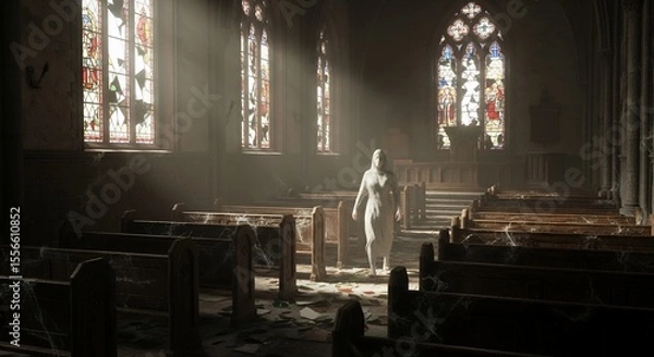 Fototapeta Mysterious Figure in Abandoned Church with Broken Windows