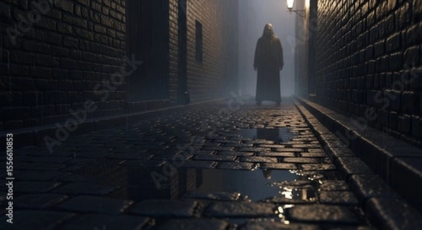Fototapeta Mysterious Figure in a Rainy Alleyway at Night