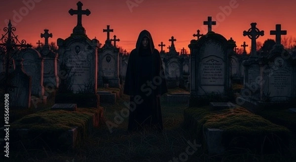Fototapeta Mysterious Figure in Cemetery at Dusk