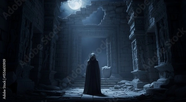 Fototapeta Mysterious Figure in Ancient Ruins at Night