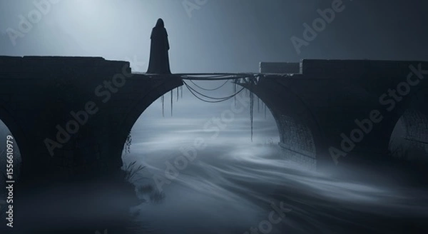 Fototapeta Mysterious Figure on Old Bridge at Night