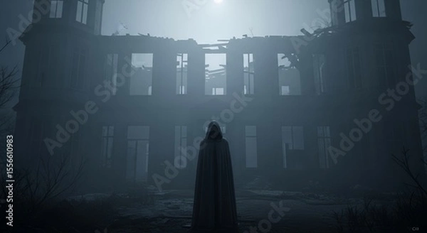 Fototapeta Mysterious Figure in Foggy Ruins at Night