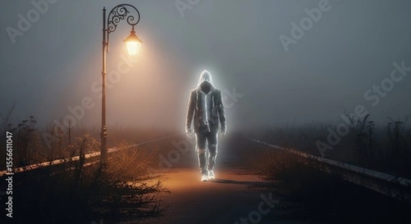 Fototapeta Mysterious Figure Walking Alone at Night on a Foggy Road