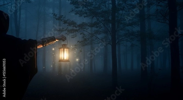 Fototapeta Mysterious Forest at Night with Lantern