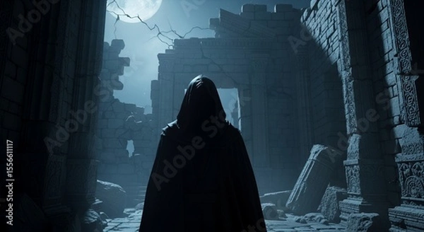 Fototapeta Mysterious hooded figure standing in ancient ruins under the moonlight