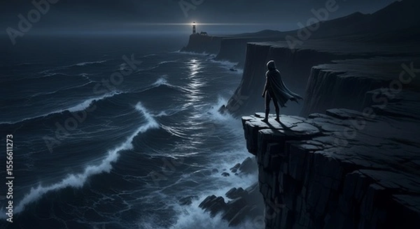 Fototapeta Nighttime Seascape Lone Figure on Clifftop with Lighthouse in Distance