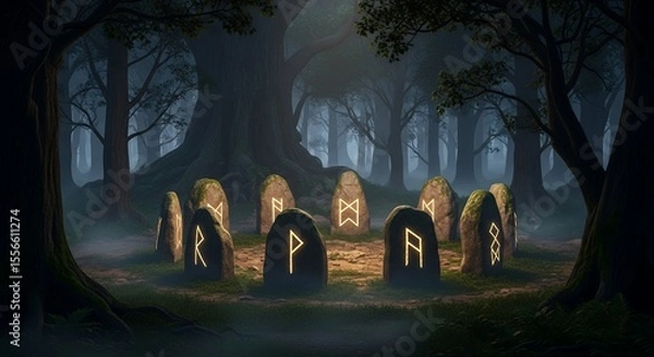 Fototapeta Mystical Forest Rune Stones Circle at Night