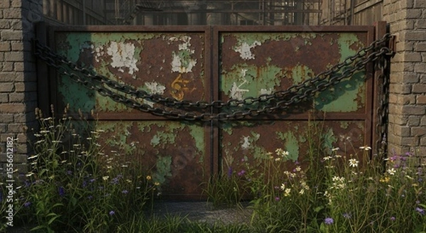 Fototapeta Rusty Gate with Wildflowers