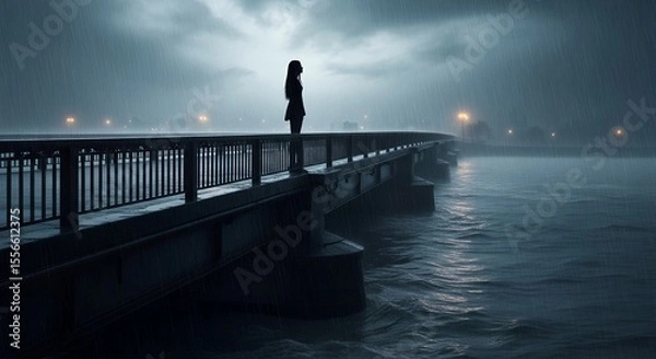 Fototapeta Silhouette of a woman standing on a bridge during a rainy night