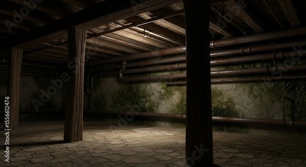 Fototapeta Spooky Basement with Rusty Pipes and Wooden Beams