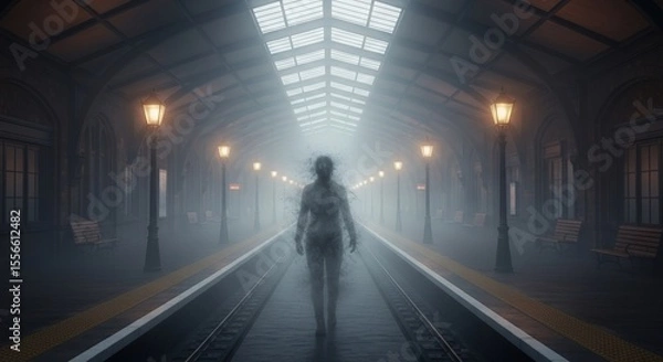 Fototapeta Spooky Figure Disintegrating on Train Platform at Night