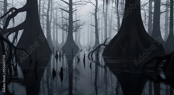 Fototapeta Spooky Swamp Landscape with Foggy Atmosphere and Dark Trees