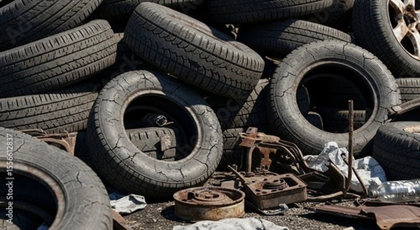 Fototapeta Stack of wornout tires and rusty car parts