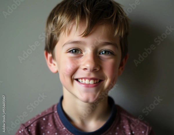 Fototapeta A bright-eyed young boy beams a cheerful smile, revealing his playful spirit in a comfortable indoor space. His charm brings warmth to the setting on this delightful day Generative AI