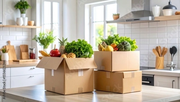 Fototapeta Fresh Produce in Cardboard Boxes on Kitchen Table Surrounded by Modern Appliances