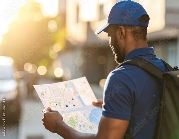 Fototapeta Man with backpack examines map outdoors in urban setting during sunset light