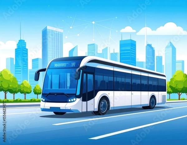 Fototapeta City Bus Driving on Modern Urban Street with Skyscrapers in Background and Clear Sky