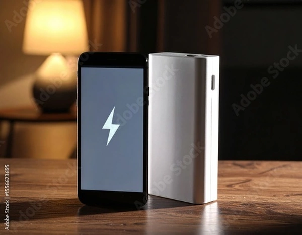Fototapeta Mobile Phone and Power Bank Charging with Lightning Bolt Display in Dark Room
