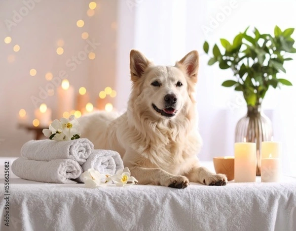 Fototapeta Relaxing Moment with a White Dog in a Spa Setting with Towels and Candles