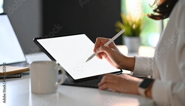 Fototapeta Person Using Touchscreen Tablet with Stylus in Modern Workspace Setting