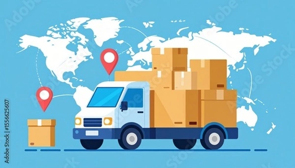 Fototapeta Delivery Truck with Boxes Traveling Around the World Map in Flat Design Style