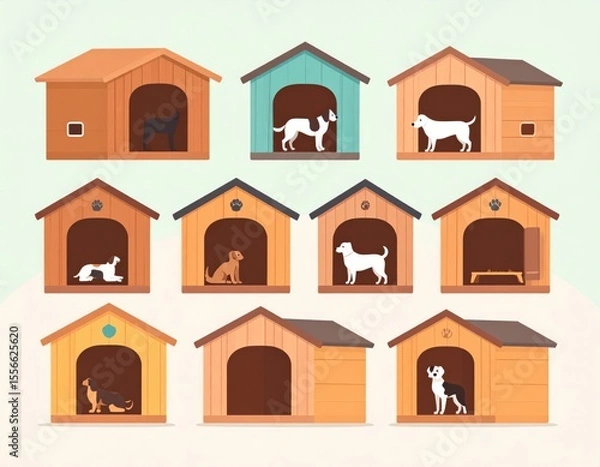 Fototapeta Colorful and Cozy Dog Houses with Various Breeds Depicted in a Charming Layout
