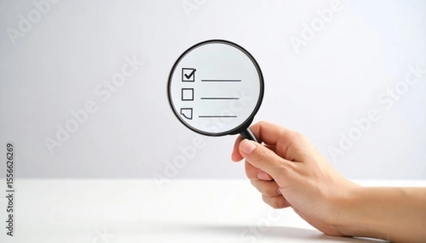 Fototapeta Hand Holding Magnifying Glass Over Checklist with Checked Box on White Background