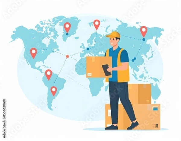 Fototapeta Delivery Service Worker with Package on World Map Background Showcasing Global Logistics