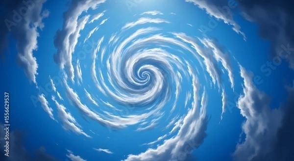 Fototapeta Swirling sky with white clouds forming a vortex, creating a dynamic and abstract celestial scene.