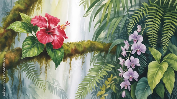 Fototapeta Tropical flowers and lush foliage in a misty rainforest.
