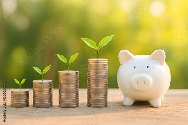 Fototapeta Financial Growth Concept with Coin Stacks and Piggy Bank on Wooden Table
