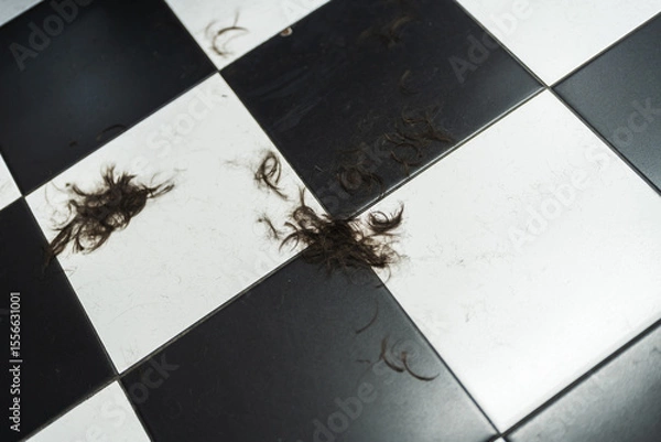 Obraz Clumps of hair scattered on a black and white tiled floor in a salon