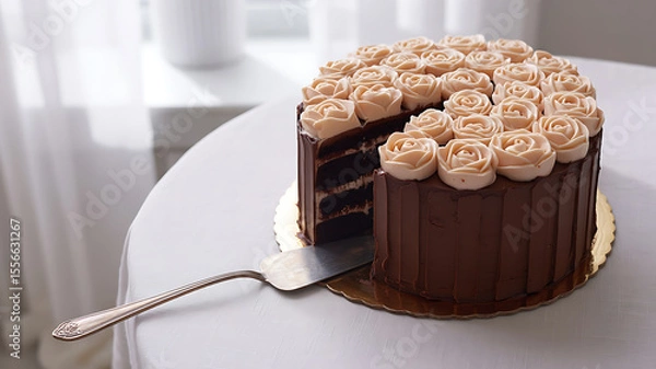 Fototapeta Chocolate cake decorated with peach-colored buttercream roses.
